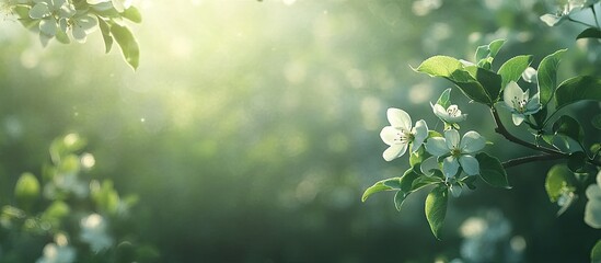 Fototapete - Delicate blooming apple tree flowers in sharp focus with a blurred green bokeh background showcasing soft sunlight and vibrant foliage.