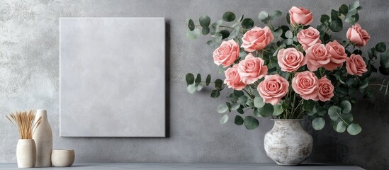 Leinwandbilder - Empty canvas mockup on grey wall beside a vase filled with pink roses and eucalyptus leaves showcasing modern interior decor elements.