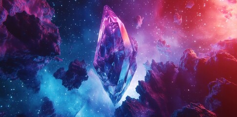 Sticker - A large purple crystal floats within a colorful cosmic expanse