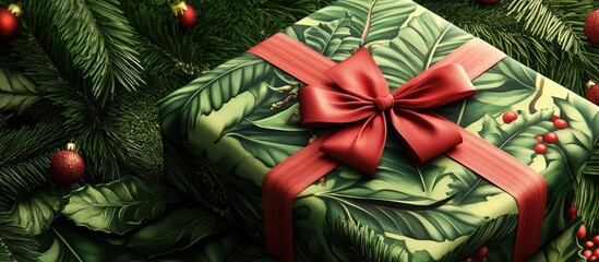 Poster - Christmas themed gift wrap featuring green leaf design with red bow on beautifully wrapped present surrounded by pine branches and ornaments.