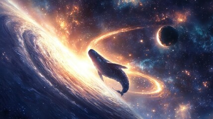 Wall Mural - whale gracefully swims through cosmic ocean amidst planets and stars