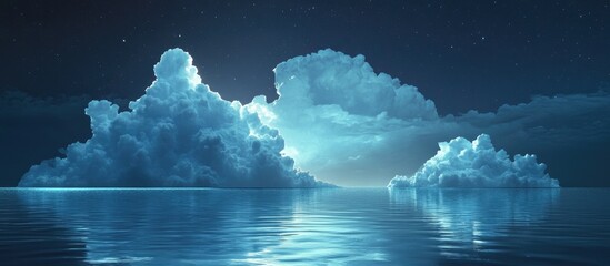 Poster - Twilight glow illuminating fluffy clouds above a calm azure water surface with a deep blue sky backdrop and subtle starry accents in the night.