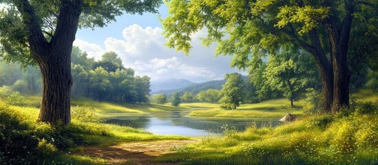 Fototapete - Serene summer landscape featuring lush green trees on either side of a tranquil lake reflecting blue skies with soft clouds in the background