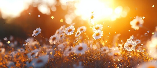 Poster - Bright chamomile flowers in glowing sunset light with golden sun flares against a soft blurred background of green foliage.