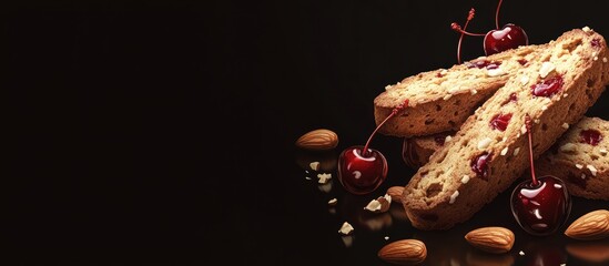 Poster - Crunchy biscotti with glazed cherries and almonds on a dark background, positioned on the left, offering space for text on the right
