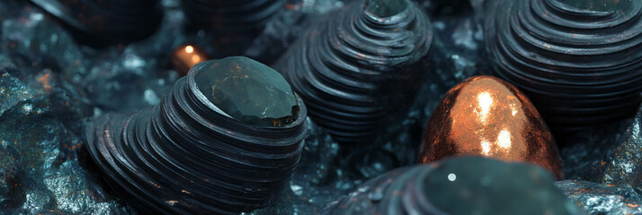 Poster - Exploring textures of ribbed rubber, copper, and polished obsidian in a unique composition