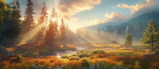 Fototapete - Idyllic sunrise landscape showcasing vibrant sun rays filtering through tall evergreen trees in a lush meadow with tranquil water reflections.