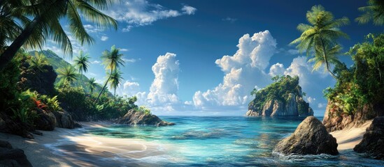 Aufkleber - Tropical beach scene with clear turquoise water, lush greenery, rocky formations, and a bright blue sky adorned with fluffy white clouds.