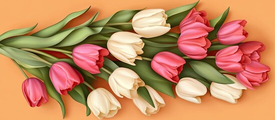 Poster - Vibrant tulip bouquet with pink and white flowers, lush green leaves, arranged elegantly on a warm orange background from a top view perspective.