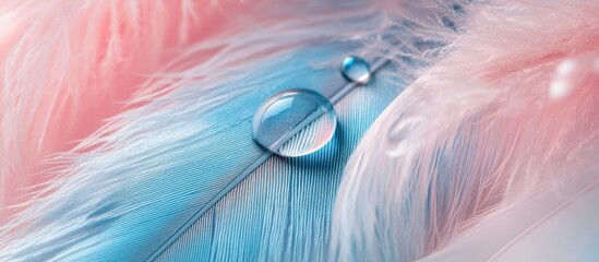 Fototapete - Macro shot of a transparent water drop on a soft feather with light blue and pink hues emphasizing nature's delicate beauty and tranquility