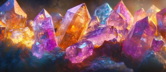 Aufkleber - Vibrant array of shining crystals in coral, amethyst, and beryl hues, arranged prominently with brilliant light reflections in a dark backdrop.