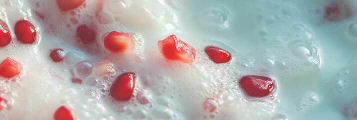 Poster - Ripples of rice milk with scattered pomegranate seeds for a vibrant backdrop