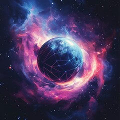 Poster - Digital planet floats amid swirling cosmos clouds and stardust
