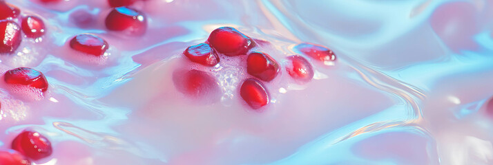 Poster - Rice milk with pomegranate seeds creates ripples in a vibrant background