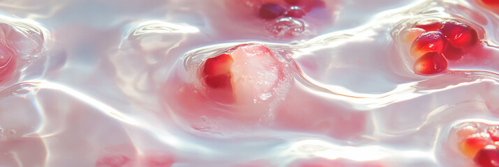 Poster - Rich rice milk swirls with vibrant pomegranate seeds creating lively ripples