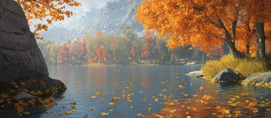 Fototapete - Serene autumn landscape featuring vibrant orange trees reflecting in calm water with gentle ripples and distant mountains bathed in soft light.