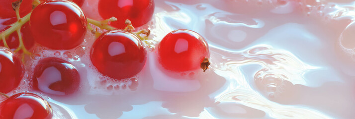 Poster - Delicate ripples on rice milk adorned with fresh red currant berries in a serene background