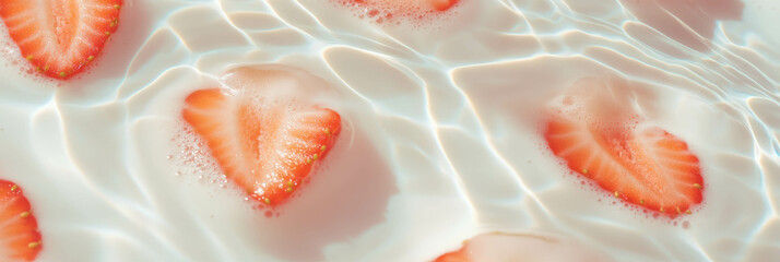 Aufkleber - Ripples of rice milk with fresh strawberry halves creating a refreshing visual effect