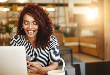 Aufkleber - Woman, laptop and phone with smile at cafe, laugh and reading funny post on break in morning. Person, freelance writer and remote work with smartphone, happy and chat on mobile app at coffee shop