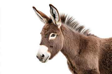 close-up portrait of a donkey with expressive eyes and fluffy ears on a white background. isolated o