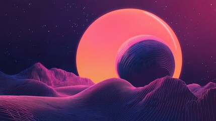 Poster - Surreal landscape with planets and mountains under a starry sky