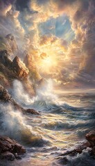 Leinwandbilder - Coastal cliffs with waves crashing below, golden light reflecting on the water, bold and cinematic perspective, tranquil yet powerful