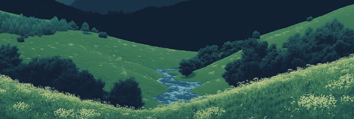 Poster - Small stream meanders through lush green valley adorned with trees and vibrant landscape