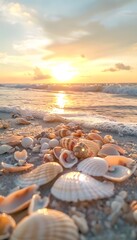 Aufkleber - A serene beach during sunset, where the golden light reflects off the gentle waves, and the soft sand is scattered with seashells, creating a tranquil and calming scene