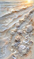 Aufkleber - A serene beach during sunset, where the golden light reflects off the gentle waves, and the soft sand is scattered with seashells, creating a tranquil and calming scene