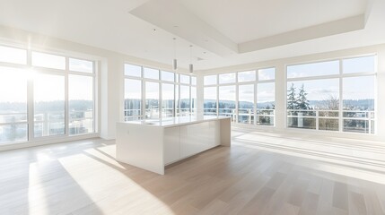 Poster - A modern minimalist kitchen with sleek white countertops, neutral accents, and sunlight streaming through large floor-to-ceiling windows, creating a clean and elegant scene