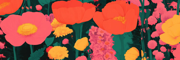 Poster - Brightly colored flowers in a stylized design for a vibrant banner background