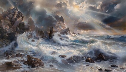 Poster - A dramatic coastal scene with waves crashing against rugged cliffs, dark storm clouds overhead, and rays of sunlight breaking through to illuminate the foamy sea