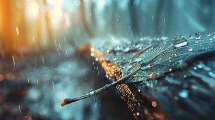 Poster - A close-up of raindrops on a leaf, with vibrant green tones and sharp details that contrast beautifully with the soft background blur of a rainy forest