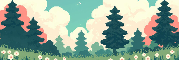 Poster - Charming pixel art landscapes with rolling hills and playful trees in a serene setting