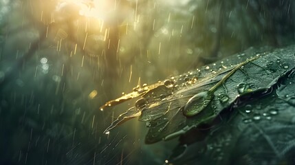 Poster - A close-up of raindrops on a leaf, with vibrant green tones and sharp details that contrast beautifully with the soft background blur of a rainy forest