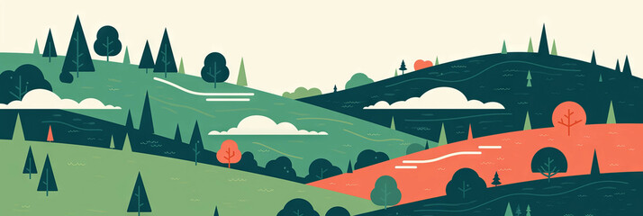 Poster - Stylized landscapes featuring rolling hills and cute trees for creative backgrounds