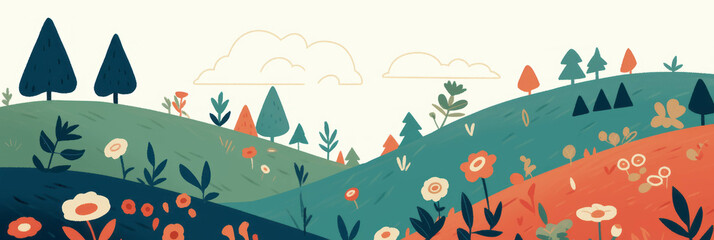 Poster - Stylized landscape with rolling hills, cute trees, and playful flowers in a colorful backdrop
