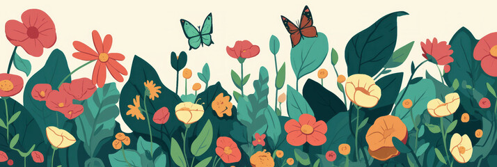 Poster - Colorful meadows with diverse flowers and butterfly trails in a vibrant landscape