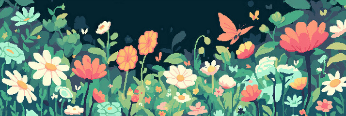 Aufkleber - Colorful pixel art meadows filled with vibrant flowers and butterfly trails in a whimsical landscape
