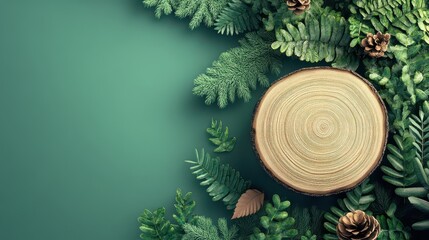 Wall Mural - Wooden slice with pine greenery on teal; nature backdrop.