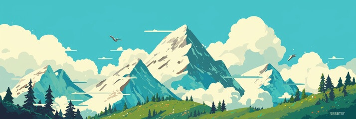 Poster - Stylized mountain landscape depicting snow-capped peaks and lush green valleys in a vibrant setting