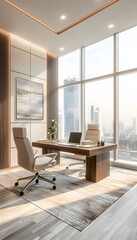 Wall Mural - A modern office space with sleek furniture, large glass windows, and neutral tones, bathed in soft natural light creating a productive yet calming environment