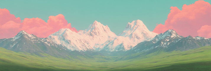 Poster - Stylized mountain landscape with green valleys and snow-capped peaks in serene colors