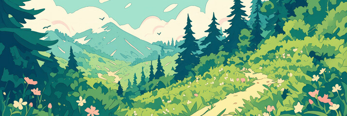 Poster - Winding paths through lush green landscapes under a bright sky with distant mountains