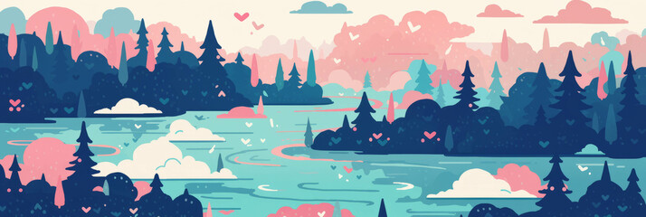 Poster - Stylized rivers delicately winding through whimsical landscapes of pastel colors