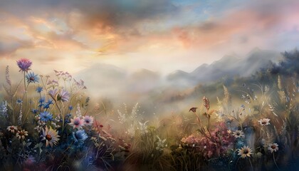 Aufkleber - A peaceful meadow at sunrise, with soft golden light illuminating the vibrant wildflowers and creating a serene, idyllic scene