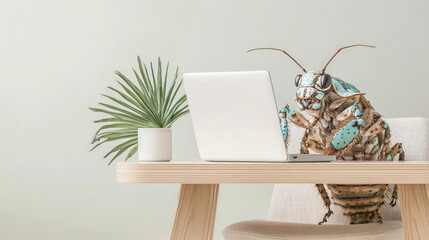 Poster - Remote Work: An insect works on a laptop at a minimalist desk