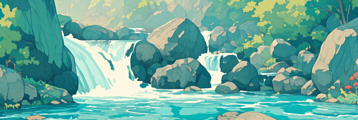 Poster - Serene waterfall cascading into a tranquil blue pond surrounded by lush greenery