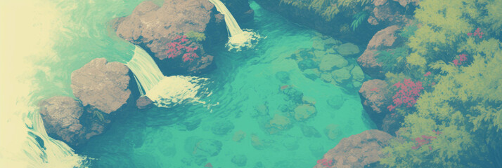 Poster - Serene waterfall cascading into a tranquil blue pond surrounded by lush greenery