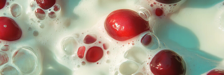 Poster - Cranberry halves floating in soy milk creating dynamic ripples and foam textures